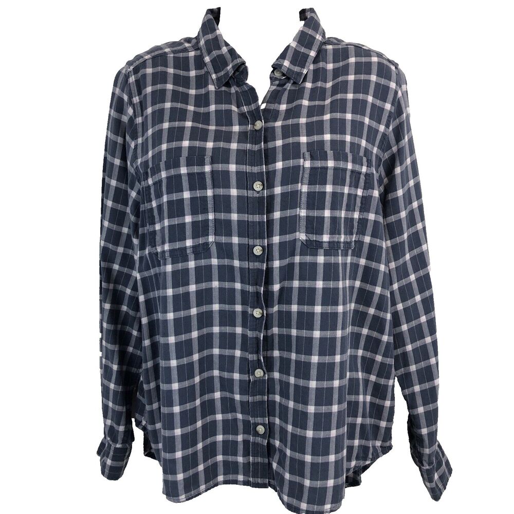 Womens Blue White Pink Plaid Long Sleeve Button Up Top Large Universal Thread
